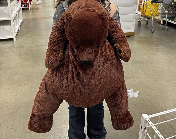 a big brown djungelskog bear plush being carried through an ikea store