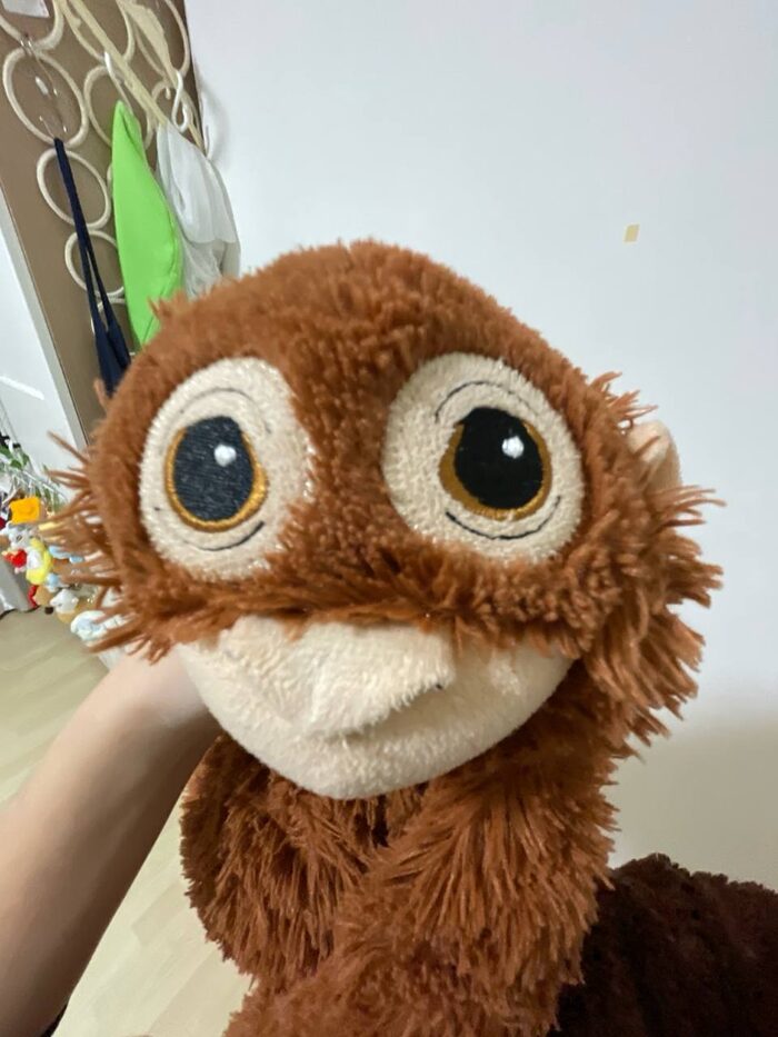 close-up of a djungelskog orangutan plush with big round eyes